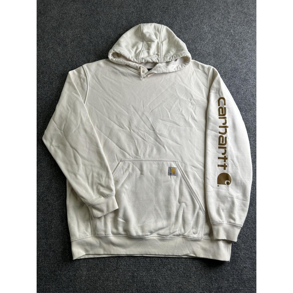 Mens Carhartt Loose Fit Sleeve Logo Hoodie Cream, Size XL
